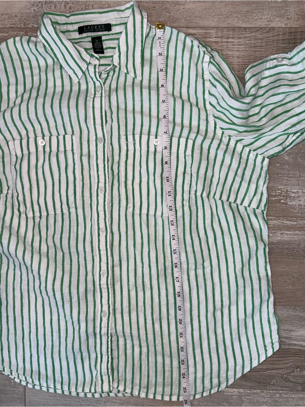 Lauren Ralph Lauren 100% Linen Green White Stripe Button Front Shirt Roll Tab 1X - Picture 8 of 9